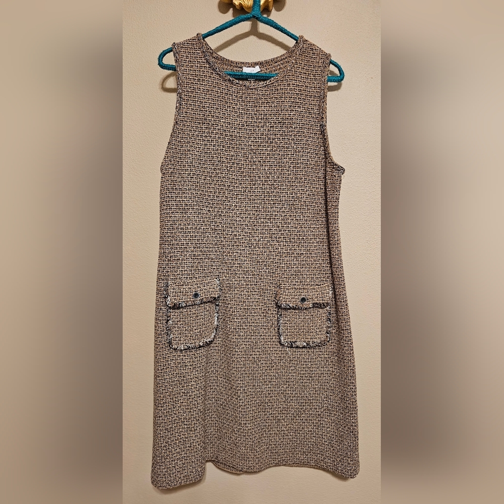 J. Jill Taupe and Black Tweed Sleeveless Shift Dress